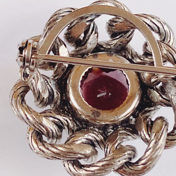 Vintage Mid Century Silver Tone Purple Glass Domed Rope Brooch 1950s 1960s - Picture 8 of 10